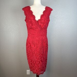 Tadashi Shoji Womens V-Neck Sheath Dress Size 12 Red Floral Embroidered Lace